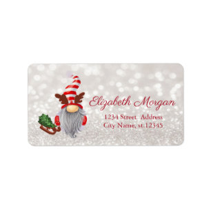 Adorable Gnome Sleigh Glittery Bokeh Adressaufkleber