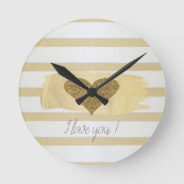 Adorable Gold Glitter Hearts Stripes-I Love You  Runde Wanduhr