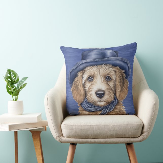 ADORABLE GOLDEN DOODLE PUPPING MIT BLAUE HAT KISSEN (Stuhl )