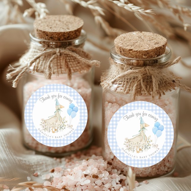 Adorable Goose Boy Baby Dusche Blue Gingham Runder Aufkleber (Von Creator hochgeladen)