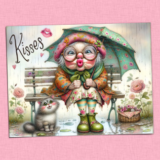Adorable Granny und Cat Sharing Sweet Kisses Postkarte