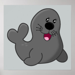 ADORABLE Graue SIEGEL CARTOON GLÜCKLICHE TIERE SEA Poster