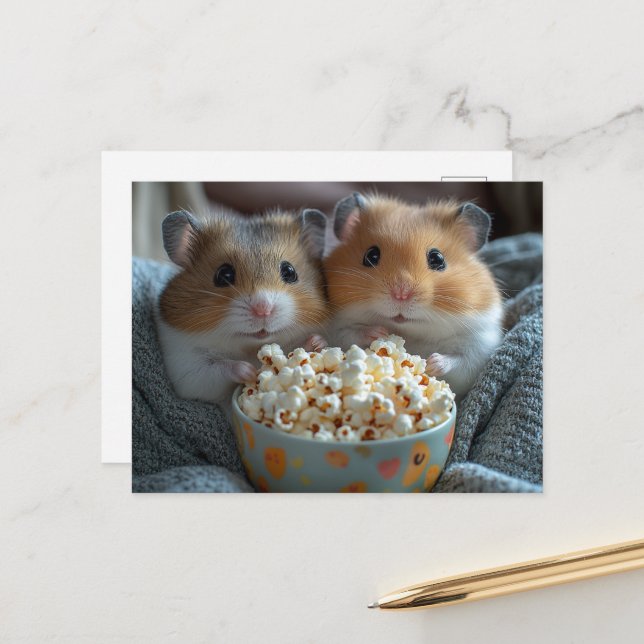 Adorable Hamsters With Popcorn Postkarte (Vorderseite/Rückseite Beispiel)