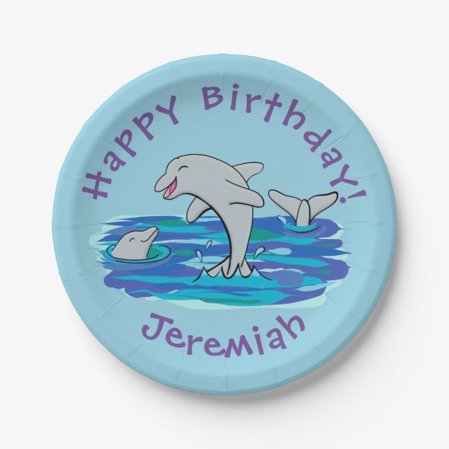 Adorable Happy Delphine Cartoon Illustration Pappteller (Vorderseite)