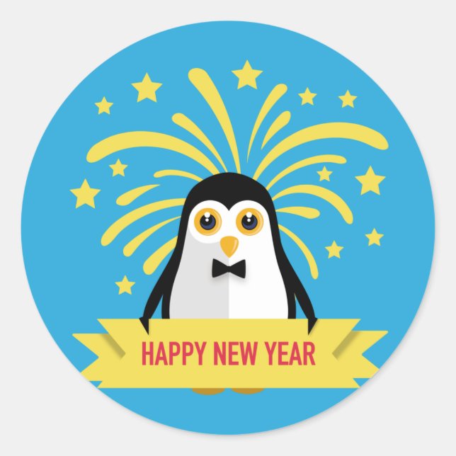 Adorable Happy New Year Pinguin mit Feuerwerken Runder Aufkleber (Vorderseite)