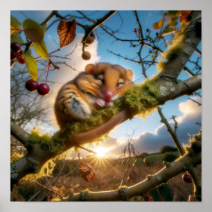 Adorable Hazel Dormouse in a Woodland Tree Poster
