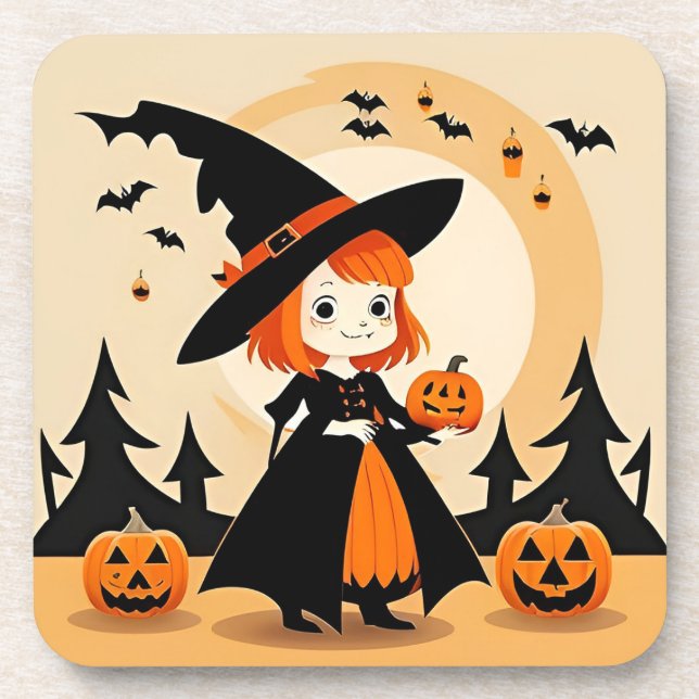 Adorable Hexe Holding Pumpkin Getränkeuntersetzer (Vorderseite)