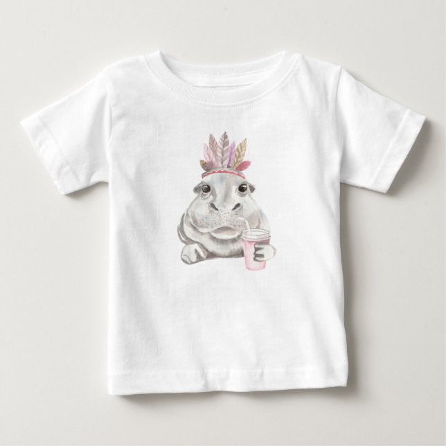 ADORABLE HIPPO MIT PINK & TAN FEATHERS BABY T-SHIRT (Vorderseite)