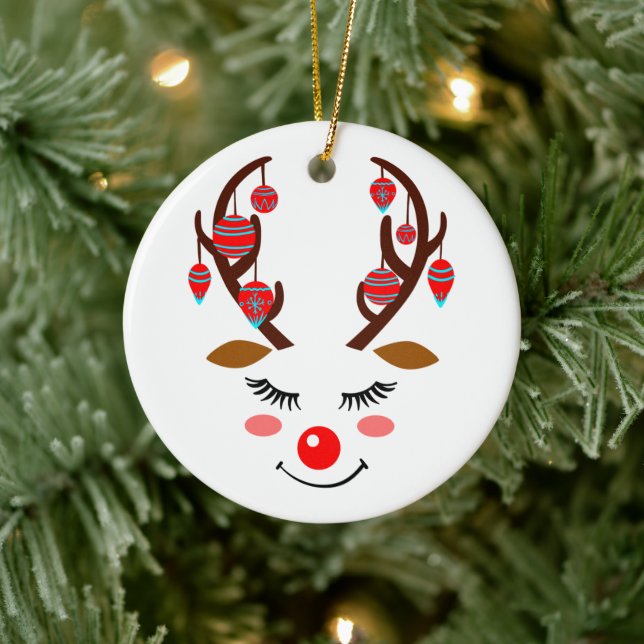 Adorable Hirschgesicht mit Ornamenten auf Antlern Keramik Ornament (Baum)