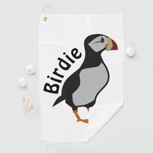 Adorable Horned Puffin Stehender Cartoon Golfhandtuch (Insitu)