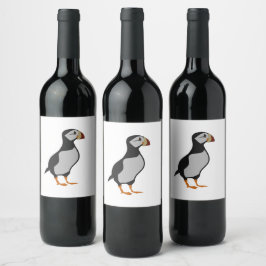 Adorable Horned Puffin Stehender Cartoon Weinetikett