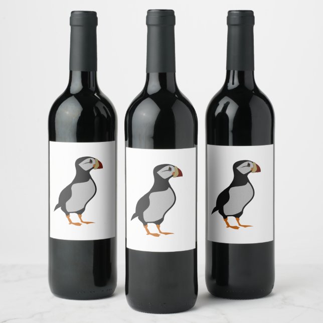 Adorable Horned Puffin Stehender Cartoon Weinetikett (Flaschen)