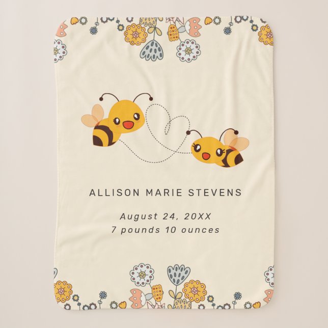 Adorable Hummelbienen & Blume Baby Birth Stats Sherpadecke (Vorderseite)