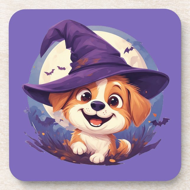 Adorable Hund in Hexenhut Getränkeuntersetzer (Vorderseite)