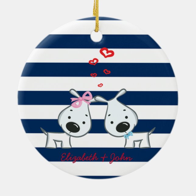 Adorable Hunde in Liebe auf gestreiftem Personalis Keramik Ornament (Hinten)