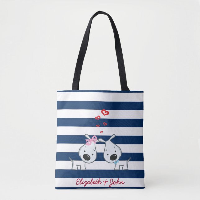 Adorable Hunde in Liebe auf gestreiftem Personalis Tasche (Vorderseite)