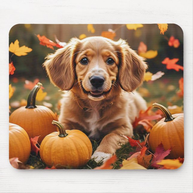 Adorable Hündin mit Herbstleaves & Pumpkins Mousepad (Vorne)