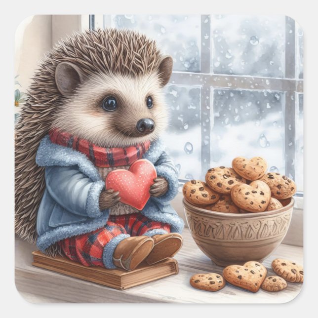 Adorable Igel Cookies Schnee Valentine Quadratischer Aufkleber (Vorderseite)