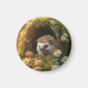 Adorable Igel in Mossy Log Zuhause mit Blume Magnet
