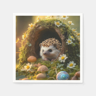 Adorable Igel in Mossy Log Zuhause mit Blume Serviette