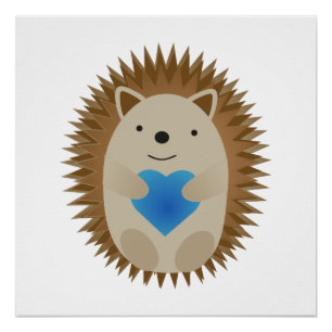 Adorable Igel umarmen ein blaues Herz Poster