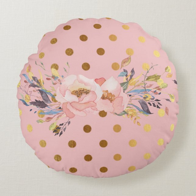 Adorable Imitate Gold Polka Dots Blume Rundes Kissen (Vorderseite)