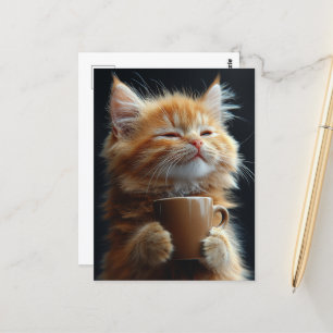 Adorable Ingwer Kitten mit Kaffee Postkarte