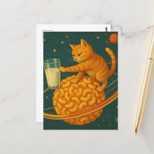 Adorable Ingwerkatze, die Milch vom Planeten abwir Postkarte