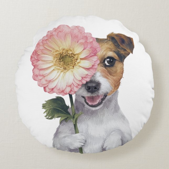 Adorable Jack Russell Watercolor Illustration Rundes Kissen (Vorderseite)