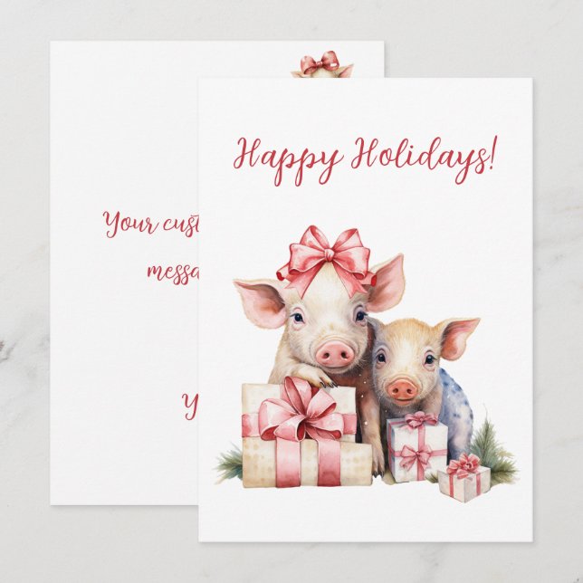 Adorable Joyeux Vacances Piggies Cartes Aquarelles (Devant / Derrière)