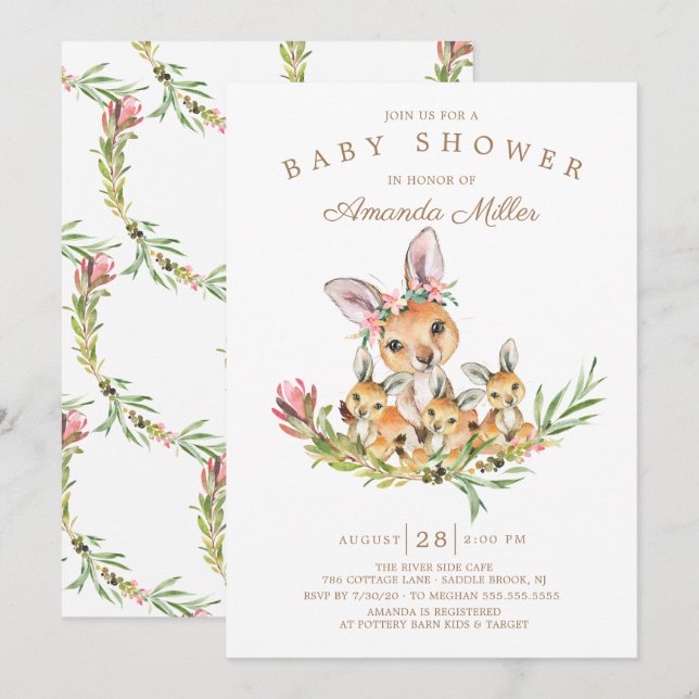 Adorable Kangaroo Mama & Babies Triplet Babydusche Einladung (Vorne/Hinten)
