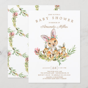 Adorable Kangaroo Mama & Babies Triplet Babydusche Einladung