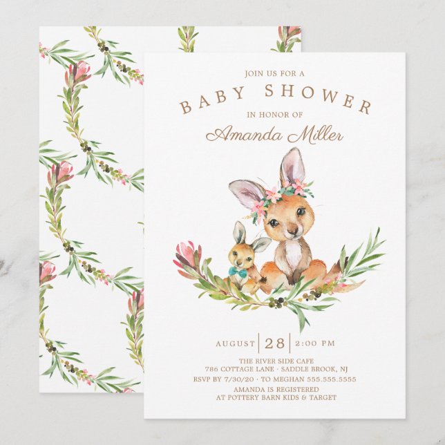 Adorable Kangaroo Mama & Baby Boys Babydusche Einladung (Vorne/Hinten)