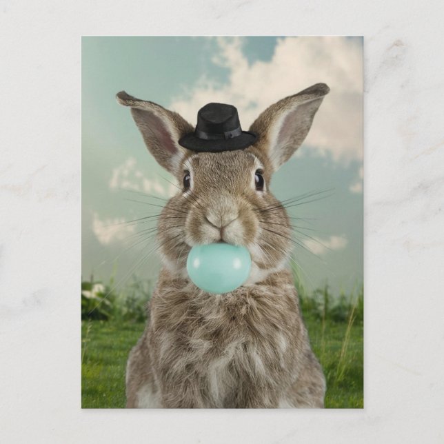 Adorable Kaninchen in Hut kauen Blue Bubble Gum Postkarte (Vorderseite)