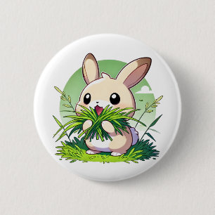 Adorable Kaninchen mit einem Haufen Gras Button