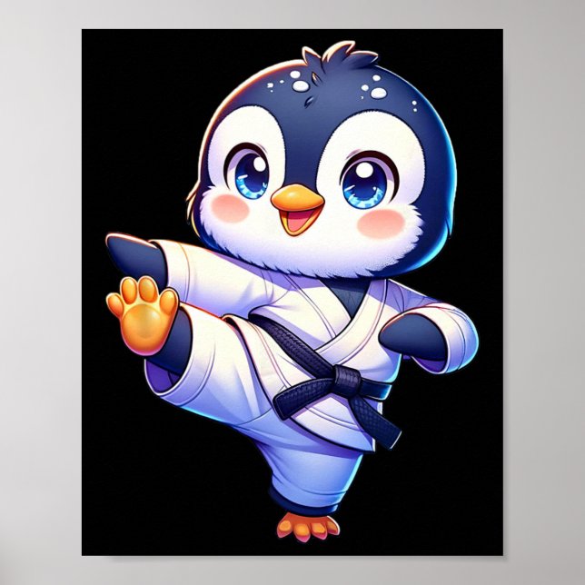 Adorable Karate Penguin Crane Kick Pose Poster (Vorne)