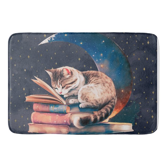 Adorable Katze auf dem Mond Lesen eines Buches Badematte (Vorderseite)