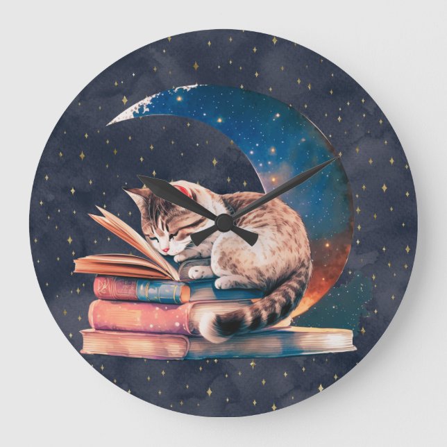 Adorable Katze auf dem Mond Lesen eines Buches Große Wanduhr (Vorderseite)
