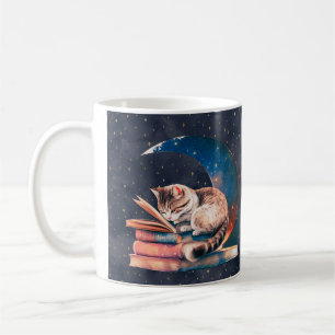 Adorable Katze auf dem Mond Lesen eines Buches Kaffeetasse