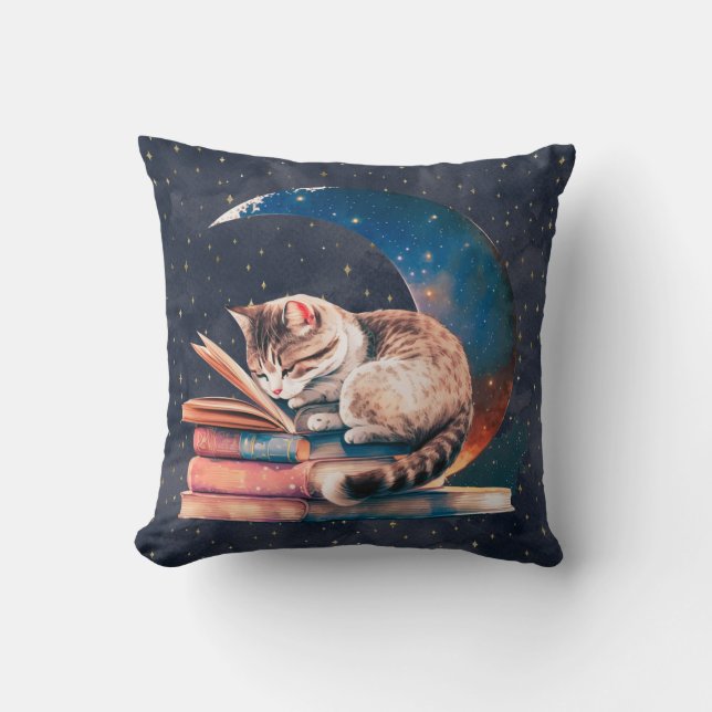 Adorable Katze auf dem Mond Lesen eines Buches Kissen (Vorderseite)