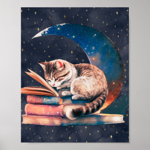 Adorable Katze auf dem Mond Lesen eines Buches Poster