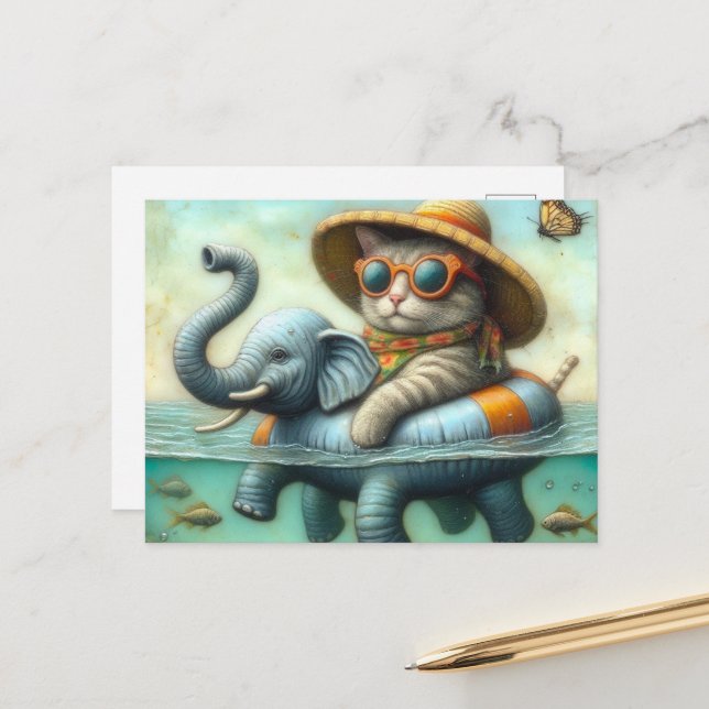Adorable Katze auf einem aufblasbaren Elefanten am Postkarte (Vorderseite/Rückseite Beispiel)