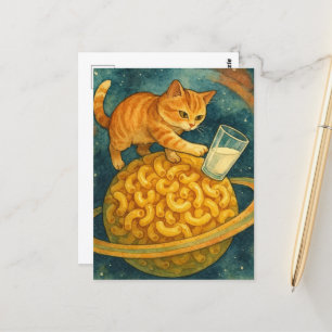Adorable Katze, die Milch vom Planeten abpumpt Postkarte