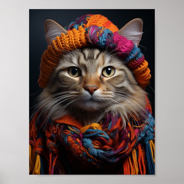 Adorable Katze in einem Scarf und Hut Poster (Vorne)