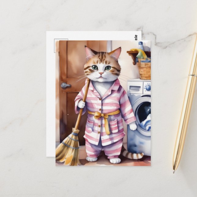 Adorable Katze in Pajamas Wäscherei Funny Postkarte (Vorderseite/Rückseite Beispiel)