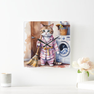 Adorable Katze in Pajamas Wäscherei Funny Quadratische Wanduhr