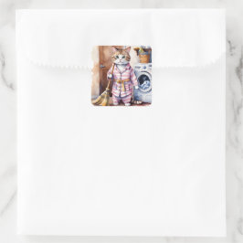 Adorable Katze in Pajamas Wäscherei Funny Quadratischer Aufkleber