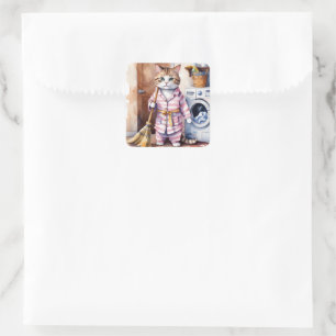 Adorable Katze in Pajamas Wäscherei Funny Quadratischer Aufkleber