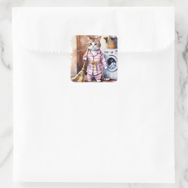 Adorable Katze in Pajamas Wäscherei Funny Quadratischer Aufkleber (Tasche)