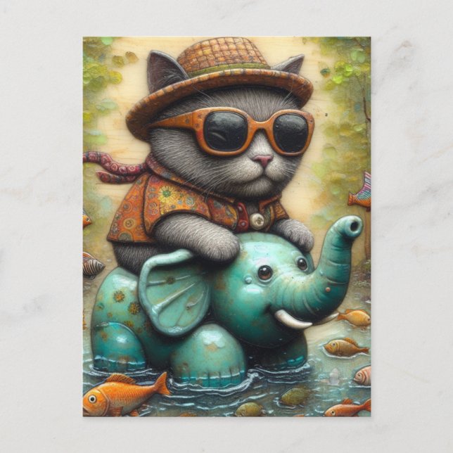 Adorable Katze mit auf Elefantenfloatie Postkarte (Vorderseite)